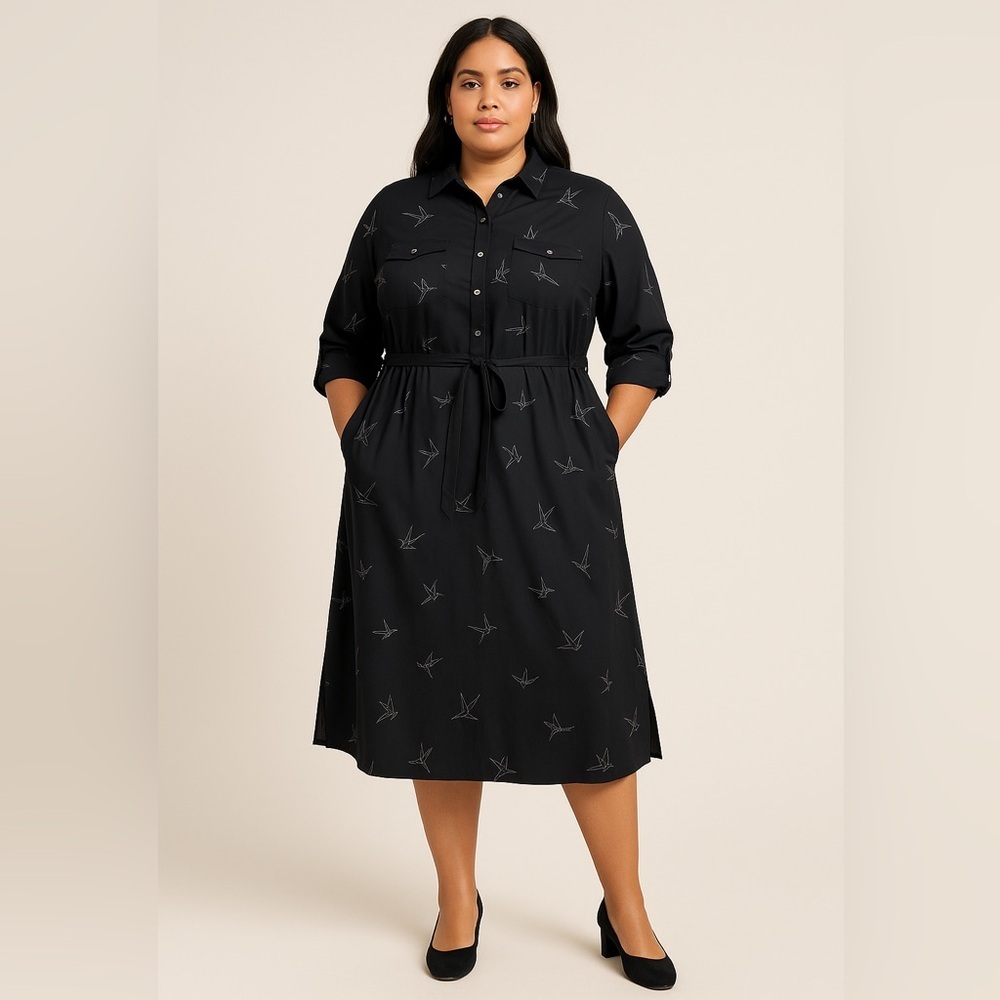 Hutch Womens Shirt Dress Origami Bird Button Front Roll Tab Sleeve Black size 0X